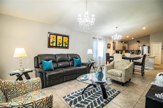 8031 Brookeshire Dr, Lakeland, FL 33809 - living room with a chandelier, light tile patterned flooring, vaulted ceiling, and recessed lighting