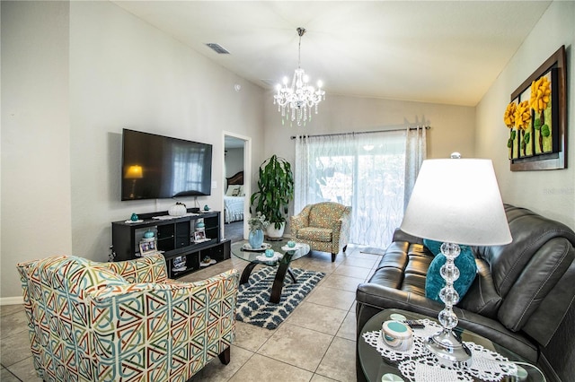 8031 Brookeshire Dr, Lakeland, FL 33809 - living room with vaulted ceiling, a chandelier, and tile patterned flooring
