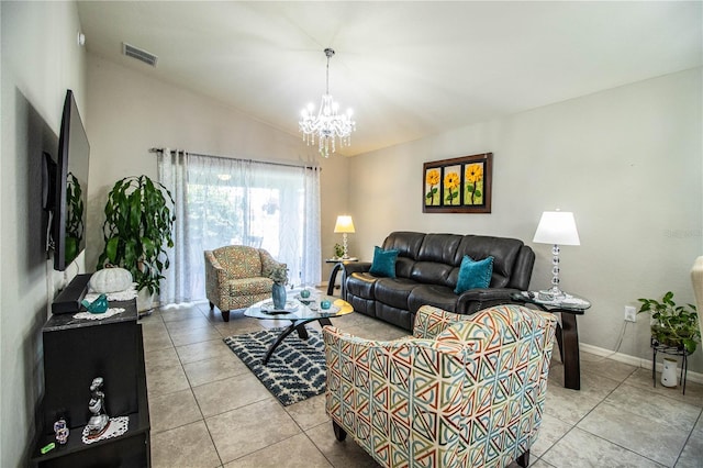 8031 Brookeshire Dr, Lakeland, FL 33809 - living area with lofted ceiling, a chandelier, and light tile patterned floors