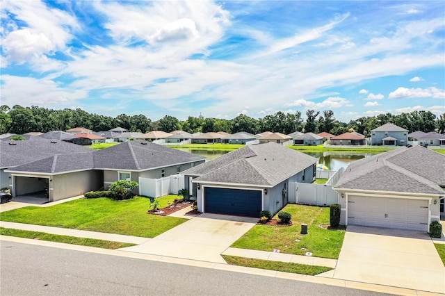 8031 Brookeshire Dr, Lakeland, FL 33809 - view of front of home with a residential view, driveway, a garage, stucco siding, and a water view