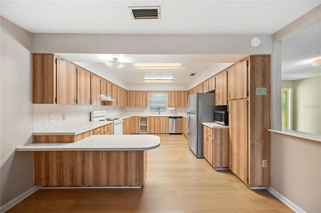 335 W Cummings St, Lake Alfred, FL 33850 - kitchen with stainless steel appliances, under cabinet range hood, a peninsula, and light wood-type flooring