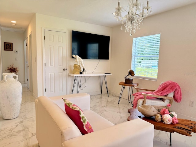 1302 W 8th St, Lakeland, FL 33805 - living area with marble finish floors and a chandelier