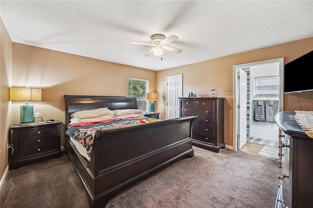 735 Virginia Ave, Auburndale, FL 33823 - bedroom with carpet, a textured ceiling, a textured wall, connected bathroom, and a ceiling fan