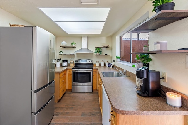 465 Las Cruces, Winter Haven, FL 33884 - kitchen featuring stainless steel appliances, wall chimney range hood, open shelves, and dark wood-style flooring