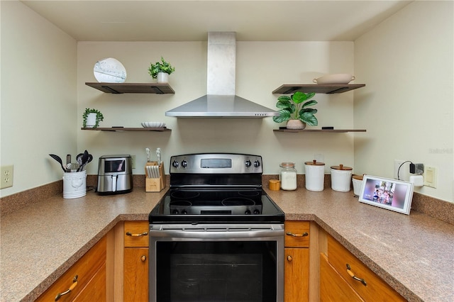 465 Las Cruces, Winter Haven, FL 33884 - kitchen featuring ventilation hood, open shelves, stainless steel electric stove, and brown cabinets