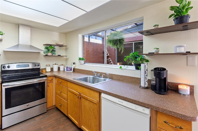 465 Las Cruces, Winter Haven, FL 33884 - kitchen with stainless steel electric stove, exhaust hood, open shelves, dishwasher, and dark wood finished floors