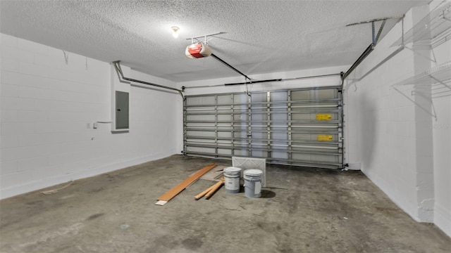 3917 NW Warbler Dr, Winter Haven, FL 33880 - garage with electric panel, a garage door opener, and concrete block wall