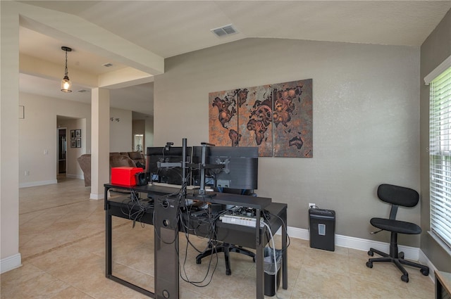 702 Country Walk Cv, Eagle Lake, FL 33839 - office area featuring tile patterned floors and lofted ceiling