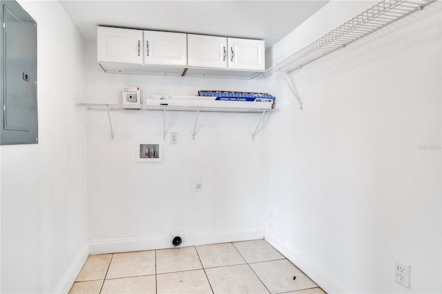1836 N Crystal Lake Dr Unit 11, Lakeland, FL 33801 - washroom featuring hookup for an electric dryer, electric panel, cabinet space, washer hookup, and light tile patterned flooring