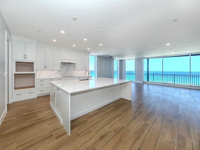 kitchen featuring a large island with sink, a water view, hardwood / wood-style flooring, tasteful backsplash, and white cabinetry