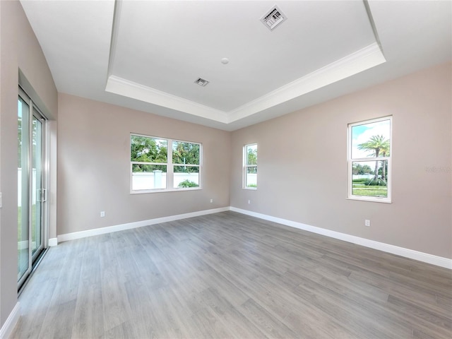 spare room featuring ornamental molding, a tray ceiling, and light wood-type flooring