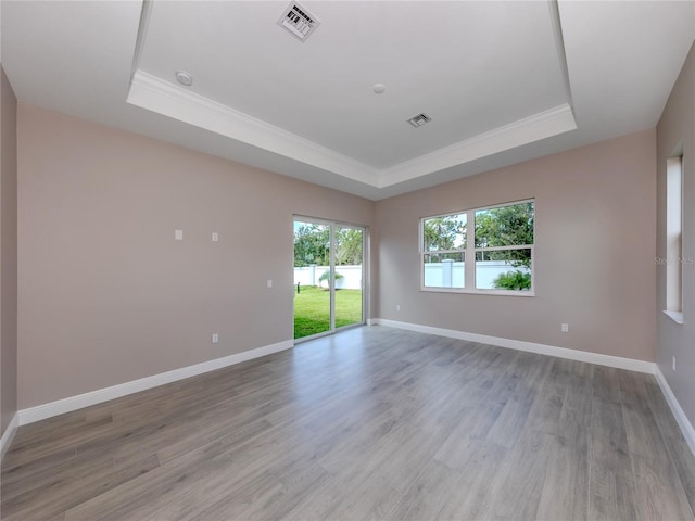 spare room featuring light hardwood / wood-style flooring, a tray ceiling, and crown molding