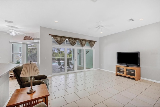 living room featuring light tile patterned floors