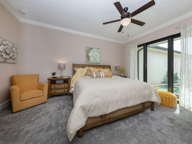 bedroom with ceiling fan, dark colored carpet, crown molding, and access to outside