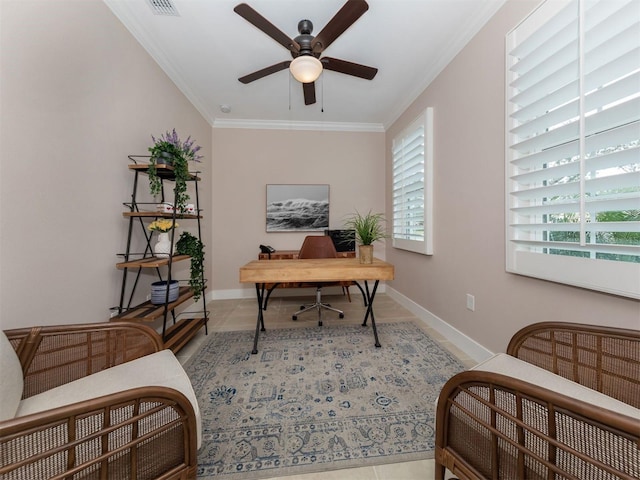 tiled office space featuring ornamental molding and ceiling fan