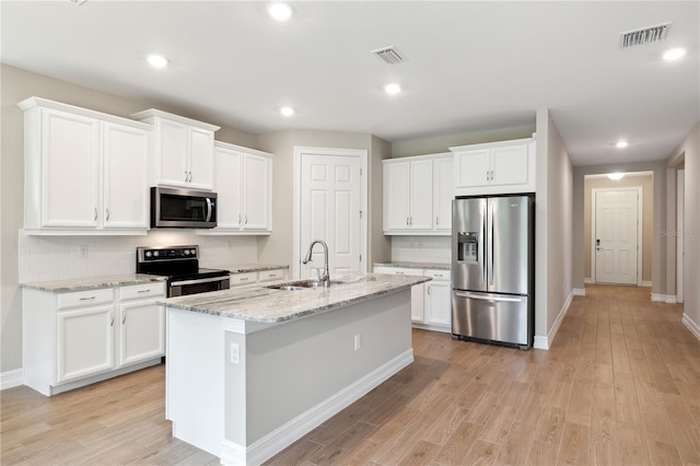 kitchen with stainless steel appliances, light wood-style flooring, a sink, and visible vents