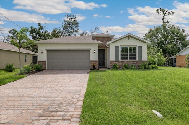 ranch-style home featuring a front lawn, stone siding, an attached garage, and stucco siding