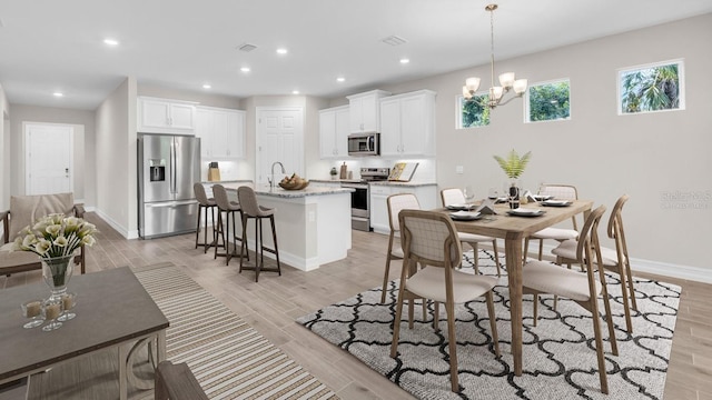 kitchen featuring white cabinets, appliances with stainless steel finishes, an island with sink, and pendant lighting