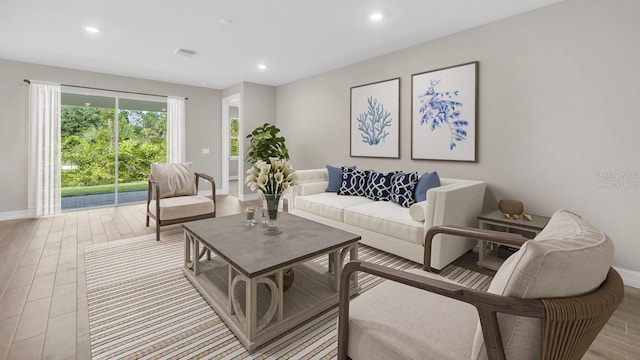 living room with baseboards, visible vents, wood finished floors, and recessed lighting