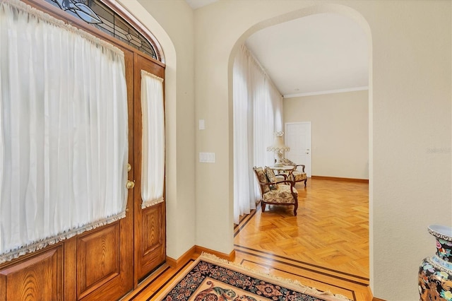 entrance foyer featuring light parquet flooring