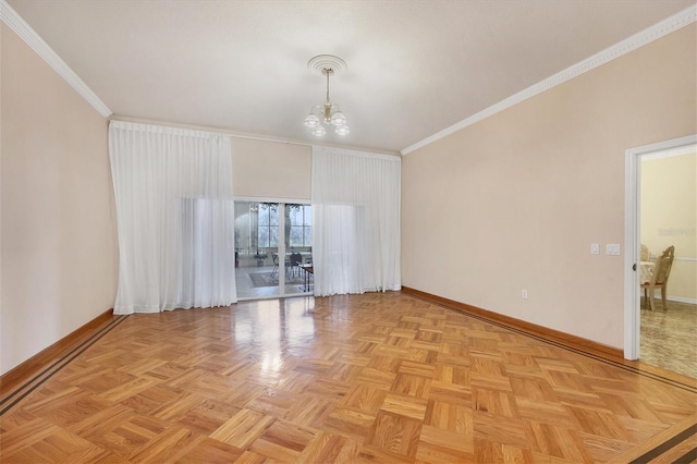 unfurnished living room featuring a chandelier, crown molding, and light parquet floors