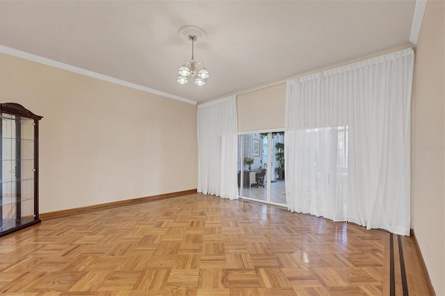 empty room featuring ornamental molding, light parquet flooring, and a notable chandelier