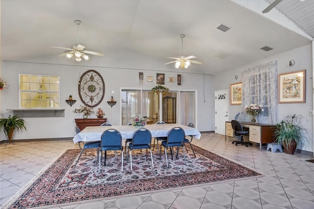 dining room with ceiling fan and vaulted ceiling