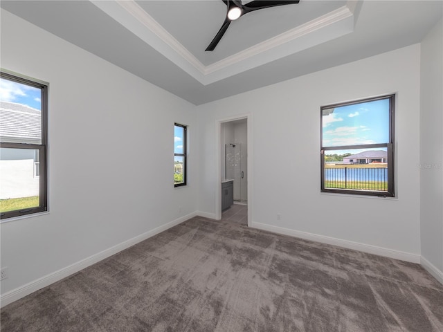 carpeted spare room with ornamental molding, ceiling fan, and a raised ceiling