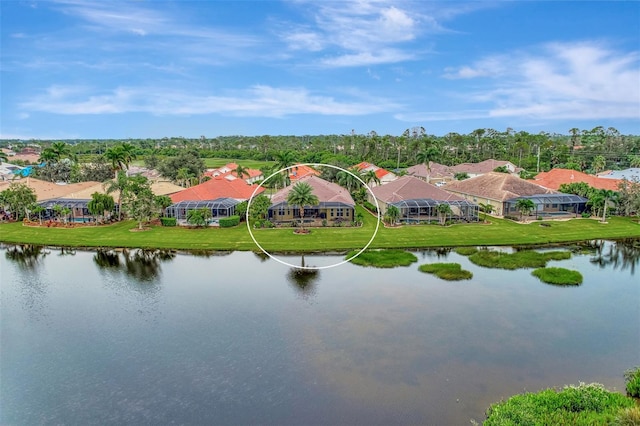 drone / aerial view featuring a water view