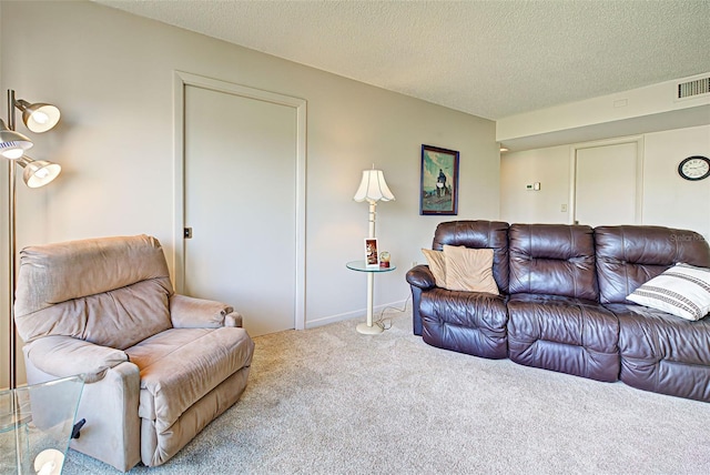 carpeted living room with a textured ceiling