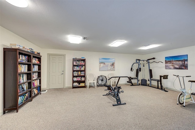 exercise area featuring light colored carpet