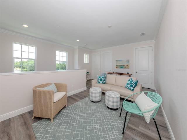 living area featuring wood-type flooring and ornamental molding