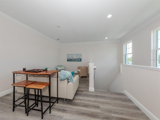 922 E Venice Ave, Venice, FL 34285 - living area with an upstairs landing, crown molding, baseboards, and wood finished floors