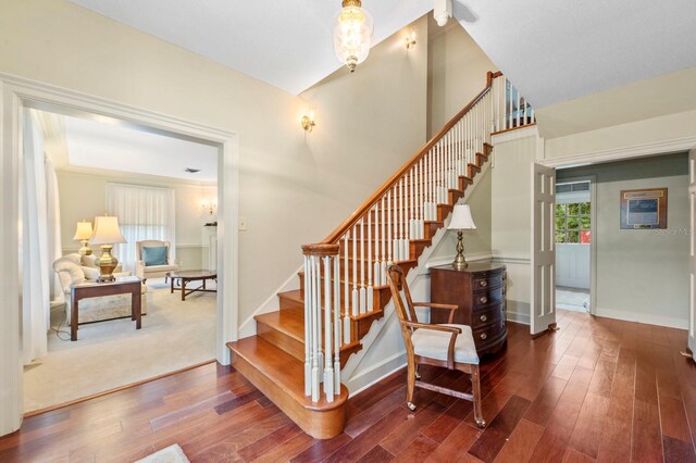 stairs featuring carpet flooring