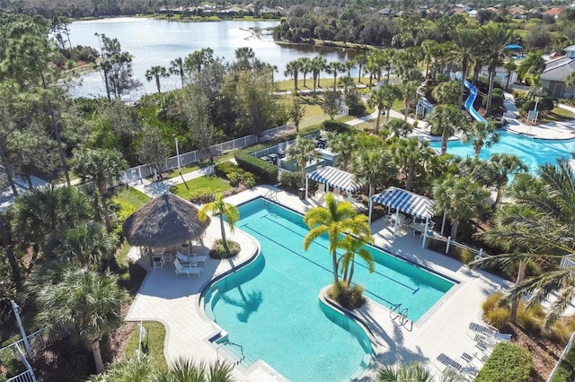 birds eye view of property featuring a water view