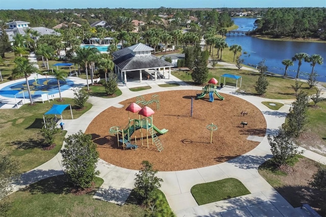 bird's eye view with a water view