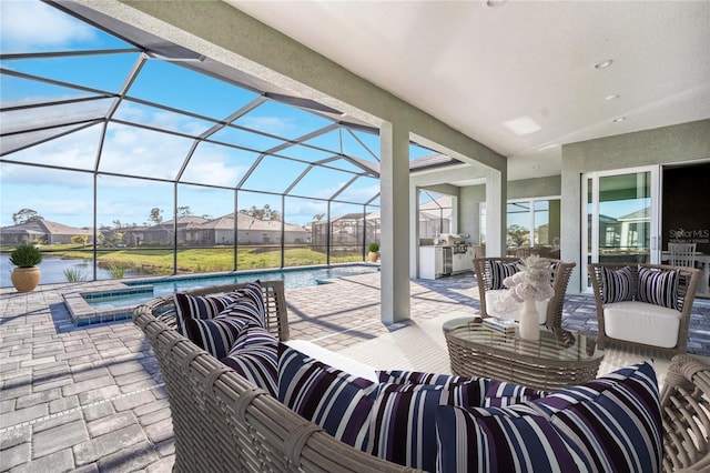 view of patio featuring an outdoor living space, a water view, a swimming pool with hot tub, a lanai, and area for grilling