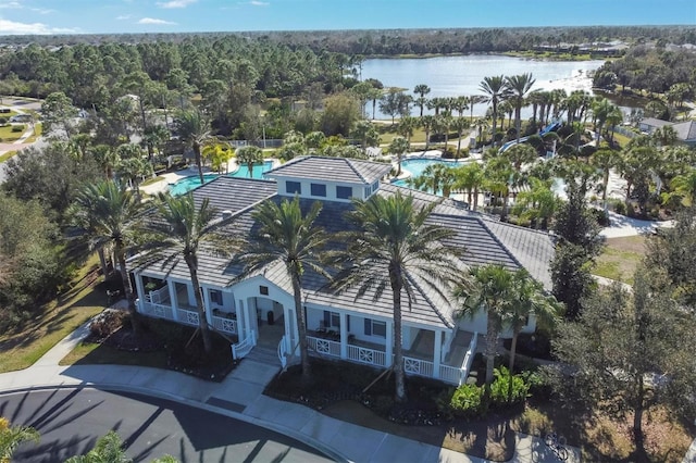 drone / aerial view featuring a water view