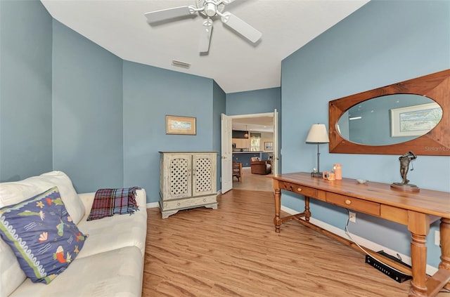 interior space with light hardwood / wood-style floors and ceiling fan