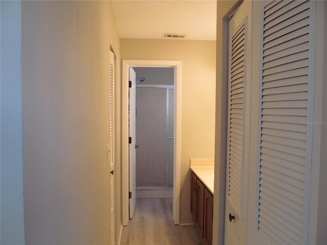 bathroom with vanity and wood-type flooring