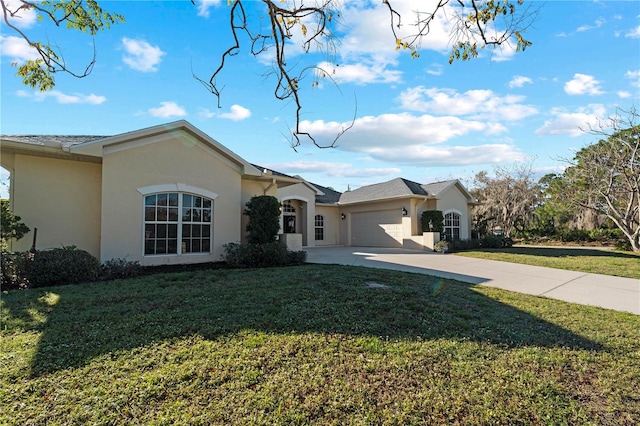 ranch-style house with a front yard and a garage