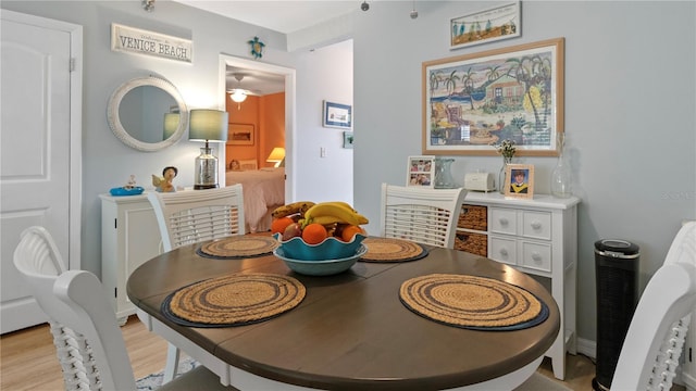 dining room with ceiling fan and light wood-type flooring