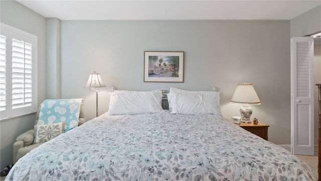 carpeted bedroom featuring multiple windows