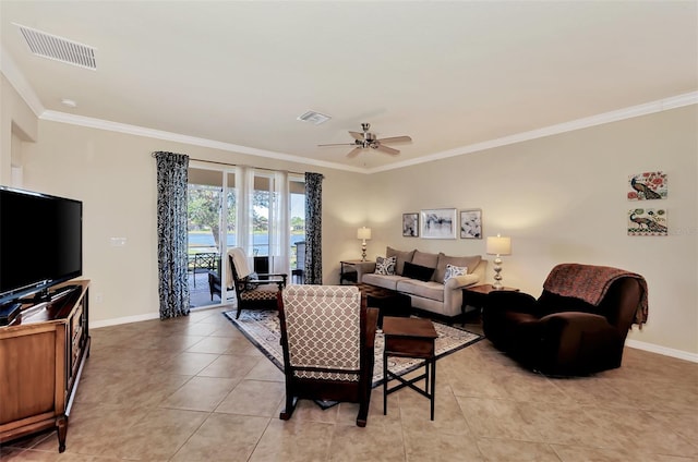 living room featuring crown molding, ceiling fan, and light tile flooring