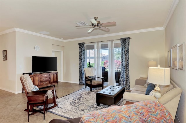 tiled living room featuring crown molding and ceiling fan