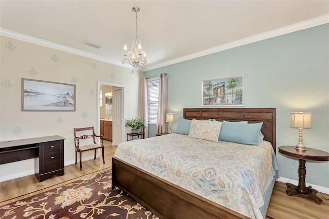 bedroom with connected bathroom, a notable chandelier, light wood-type flooring, and crown molding