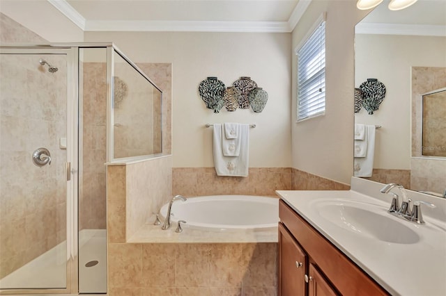 bathroom with crown molding, independent shower and bath, and large vanity