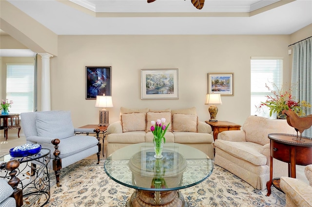 living room with crown molding, ceiling fan, and a raised ceiling