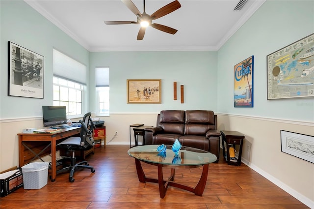 office space with ornamental molding, ceiling fan, and dark hardwood / wood-style flooring