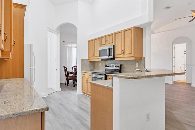 kitchen with backsplash, light hardwood / wood-style floors, stainless steel appliances, and ceiling fan